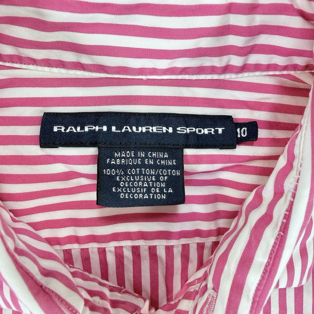 Ralph Lauren Sport Shirt Women 10 Pink White Stripe Elbow Sleeve Pony Preppy EUC - Picture 2 of 9